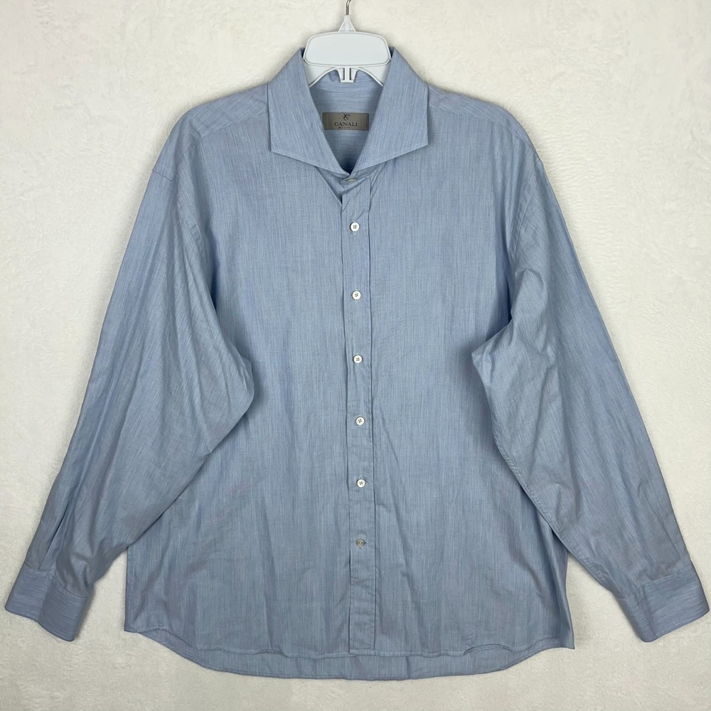 Canali Silver Label Dress Shirt Mens 2XL Button Up Blue Long‎ Sleeve Cotton